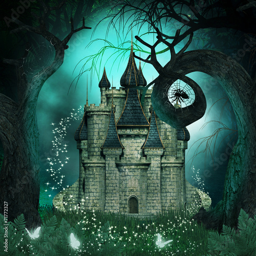 Obraz na płótnie canvas dwuczęściowy "dyptyk" Magiczne tło z zamkiem fantasy i strasznymi drzewami