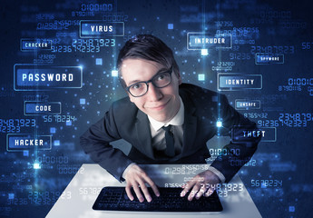 Hacker programing in technology enviroment with cyber icons