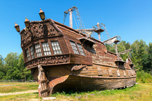 Abandoned Old Wooden Sailing Ship On Shore