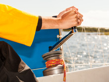 Winch Capstan With Rope On Sailing Boat.
