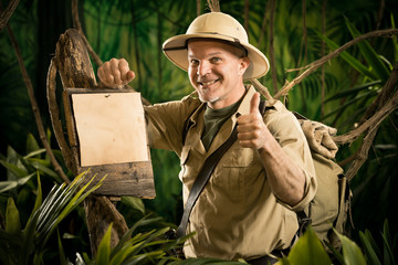 cheerful explorer thumbs up with sign