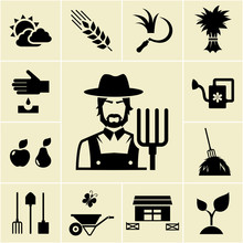 Farmer Surrounded By Farming Themed Icons
