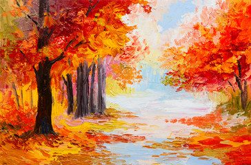 Oil painting landscape - colorful autumn forest