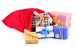 Red bag with Christmas toys and gifts isolated on white