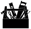 Construction Tools in Tool Box Black and White Illustration