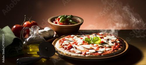 Naklejka samoprzylepna Pizza z składników na drewnianym stole