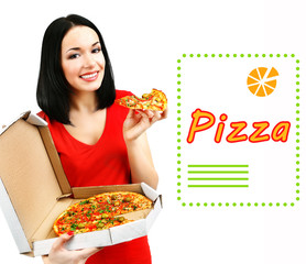 Canvas Print - Beautiful girl with delicious pizza in pizza box isolated