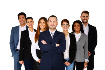 Happy man leading his happy team over white background