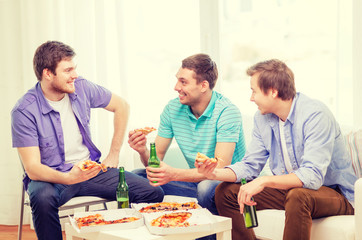 Poster - smiling friends with beer and pizza hanging out