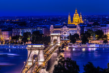 Panorama Of Budapest, Hungary, With The Chain Bridge And The Par