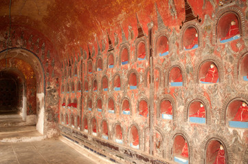 Buddha inside at wall pagoda of Nyan Shwe Kgua temple,Myanmar.