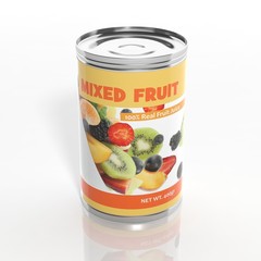 Sticker - 3D mixed fruit metallic can isolated on white