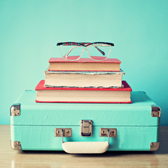 Wall Mural - Vintage Briefcase with books and glasses