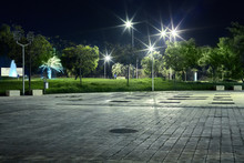 Street At Night In The New Town With Light And Trees
