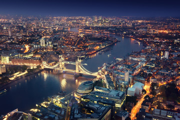 Poster - London at night with urban architectures and Tower Bridge