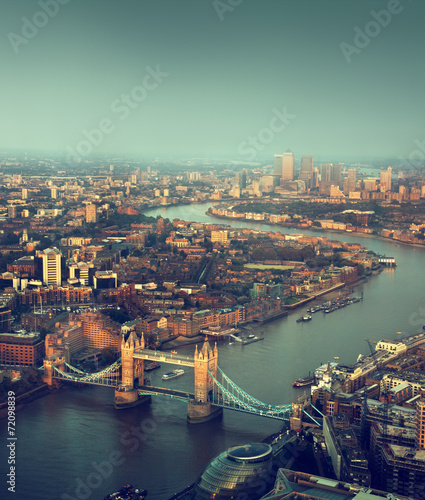 Fototapeta na wymiar London aerial view with Tower Bridge in sunset time