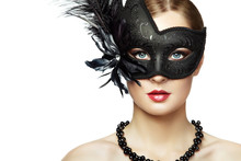Beautiful Young Woman In Black Mysterious Venetian Mask