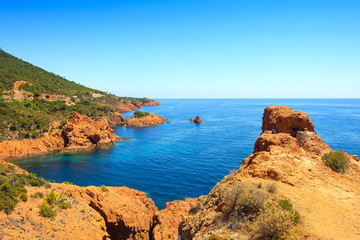 Wall Mural - Esterel rocks beach coast and sea. Cote Azur, Provence, France.