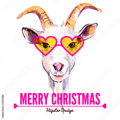 Fényképezés  Merry Christmas card with watercolor portrait of hipster goat.