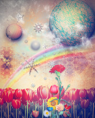 Canvas Print - Lost paradise wirh rainbow,stars and snow flakes