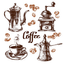 Hand Drawn Sketch Vintage Coffee Set. Vector Illustration.
