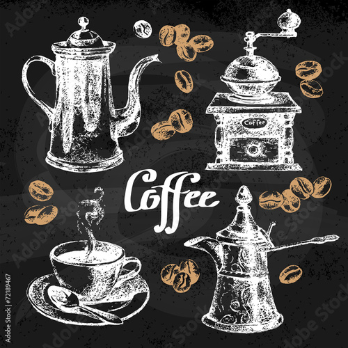 Naklejka - mata magnetyczna na lodówkę Hand drawn sketch coffee set. Vector illustration.