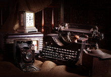 Old Typewriter, Retro Camera And Radio Receiver