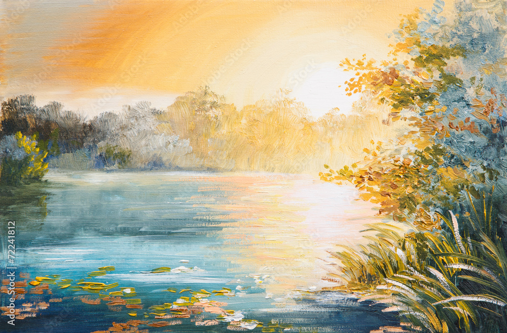 Malarstwo - zachód słońca nad jeziorem - obrazy, fototapety, plakaty 