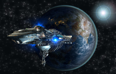 spaceship leaving earth for interstellar deep space travel