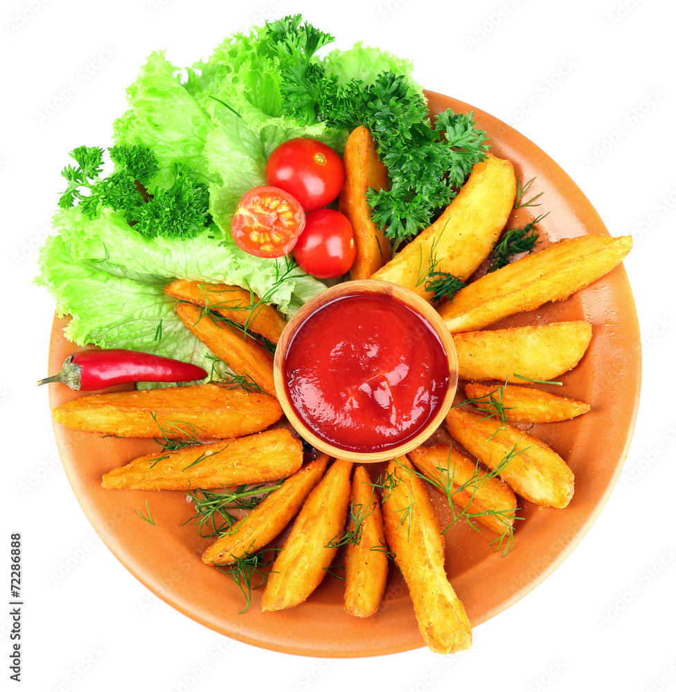 Homemade fried potato on plate isolated on white