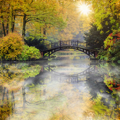 Poster - Autumn - Old bridge in autumn misty park