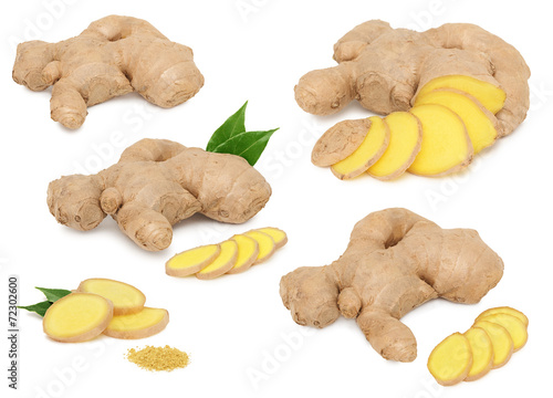 Fotografie, Obraz Set whole and sliced ginger with green leaves (isolated)
