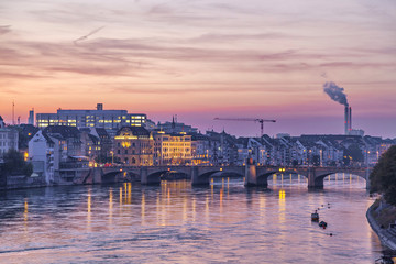Wall Mural - Mittlere bridge over Rhine and city skyline at sunset, Basel