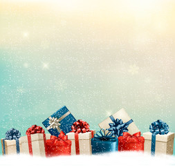 Poster - Holiday Christmas background with a border of gift boxes. Vector