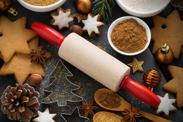 Wall Mural - cookies and ingredients for Christmas baking, top view