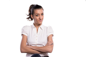 Woman posing and smiling on white isolated background, positive