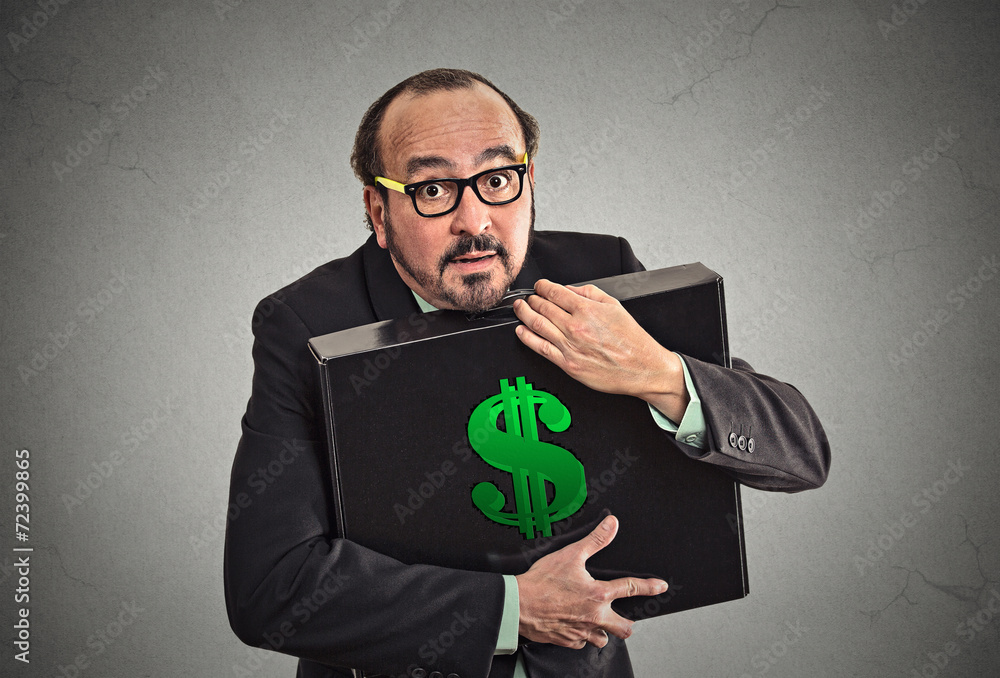 Money greed corporate executive with case bag filled with money