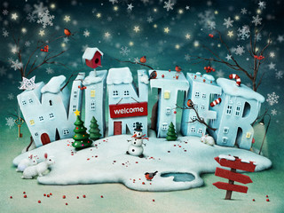 Wall Mural - Festive illustration of snowy Winter letters