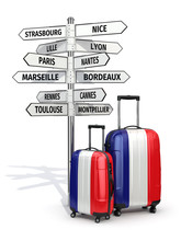 Travel Concept. Suitcases And Signpost What To Visit In France.