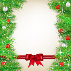Wall Mural - christmas background with bow, balls and spruce twigs