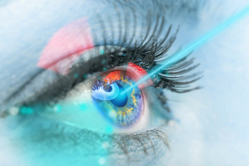 Close-up woman eye with laser medicine.