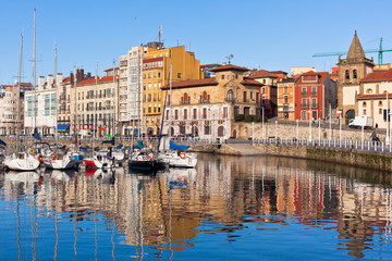 Sticker - View on Old Port of Gijon and Yachts, Asturias, Northern Spain