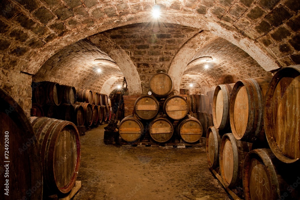 Barrels in a hungarian wine cellar - obrazy, fototapety, plakaty 