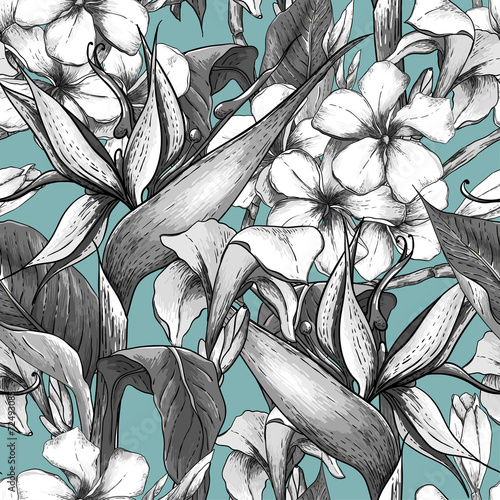 Naklejka - mata magnetyczna na lodówkę Monochrome seamless pattern with exotic flowers