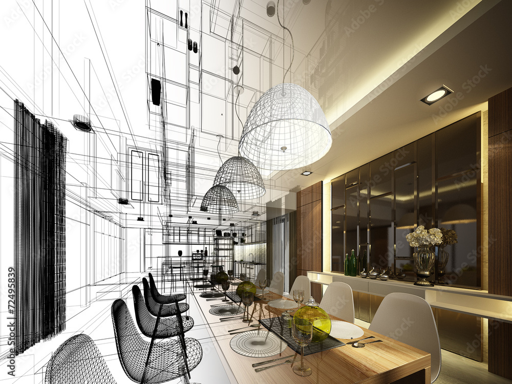 abstract sketch design of interior dining - obrazy, fototapety, plakaty 