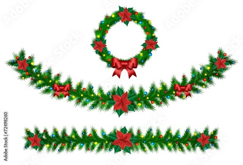 Fotografia Christmas vector garland from needles, lights, ribbons