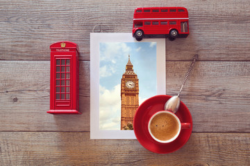 Wall Mural - Photo of Big Ben in London with coffee and souvenirs