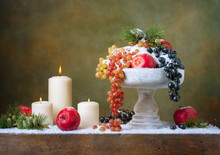Christmas Vintage Still Life With Apples And Grapes