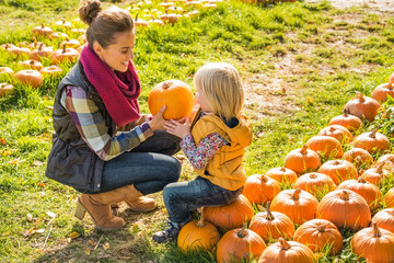 Wall Mural - Mother and child choosing pumpkins