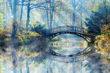 Poster - Autumn - Old bridge in autumn misty park